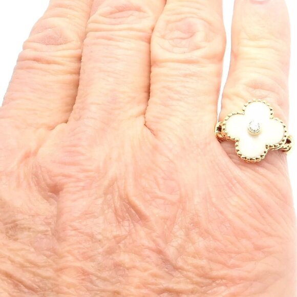 Van Cleef & Arpels Vintage Alhambra 18k Yellow Gold Diamond White Coral Ring - Picture 7 of 9